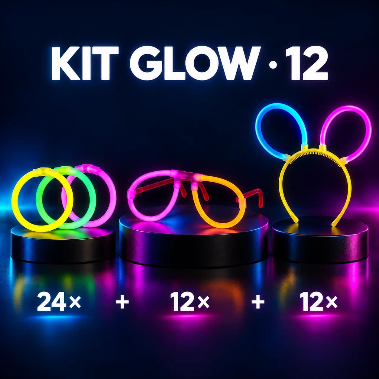 Kit Glow 12 pessoas: 24 pulseiras de pulso + 12 óculos + 12 bandoletes de orelhas glow; exemplos dos acessórios com as quantidades totais indicadas
