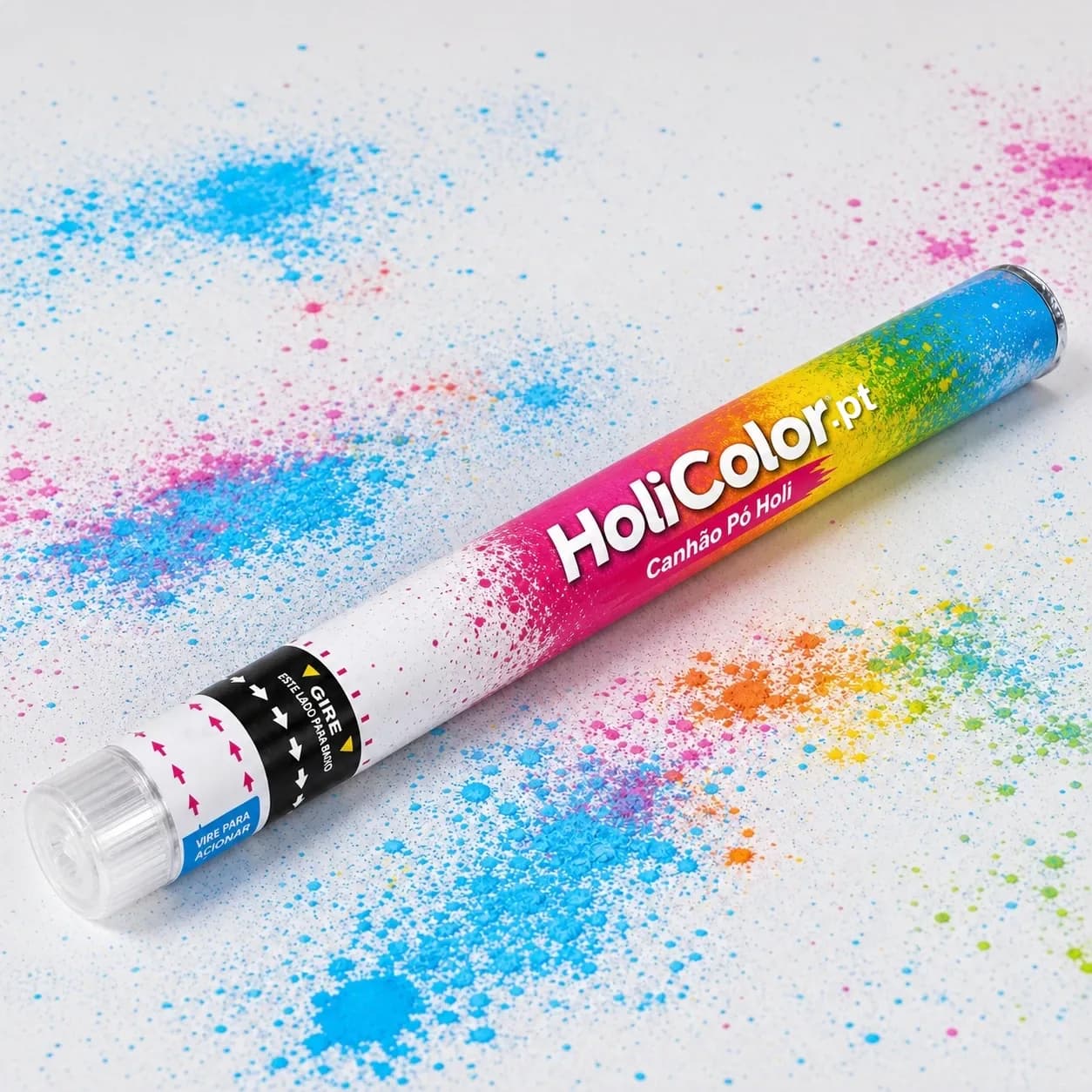 Canhão de tinta pó Holi Color Run com branding HoliColor a disparar pó colorido