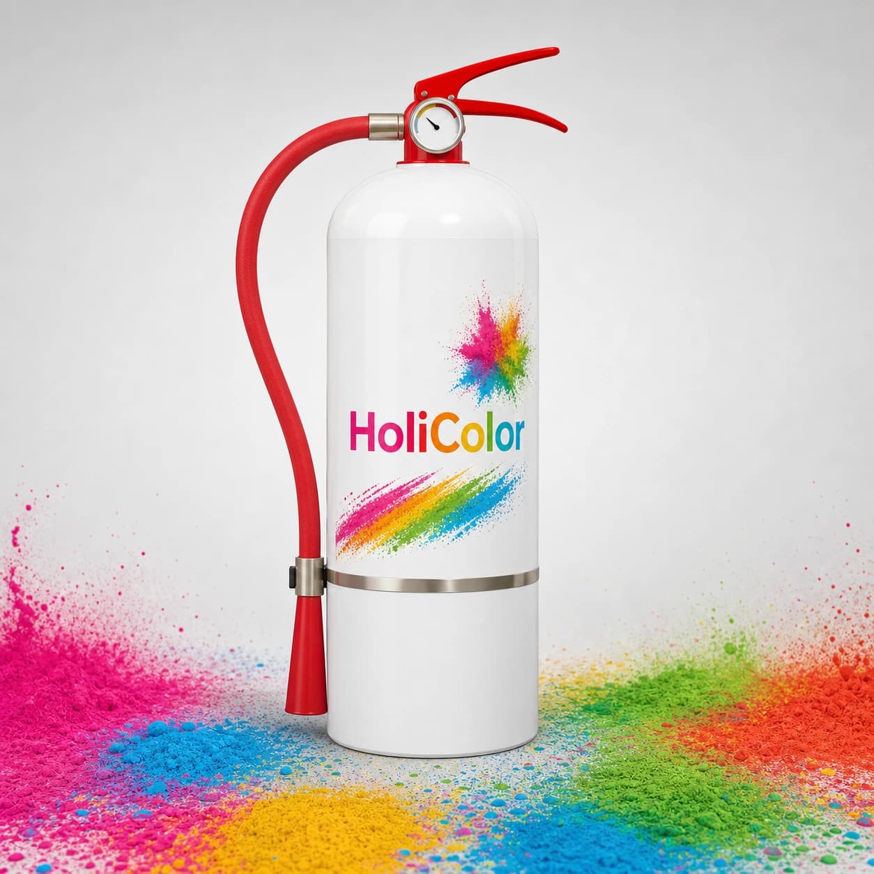 Extintor de pó Holi Color Run com branding HoliColor para grandes lançamentos de pó colorido